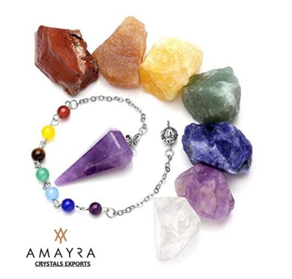 7 Chakra Healing Raw stone with Amethyst Gemstone Pendulum