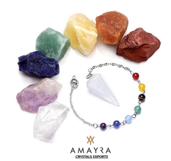 7 Chakra Healing Raw stone with Crystal Quartz Gemstone Pendulum