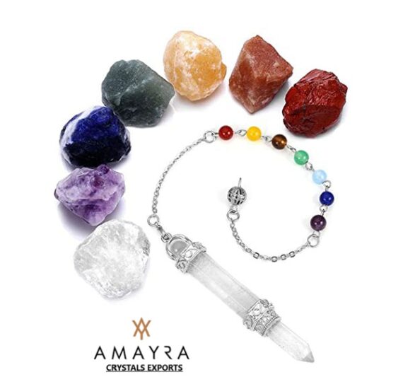 7 Chakra Healing Raw stone with Crystal Quartz Gemstone Pencil Pendulum