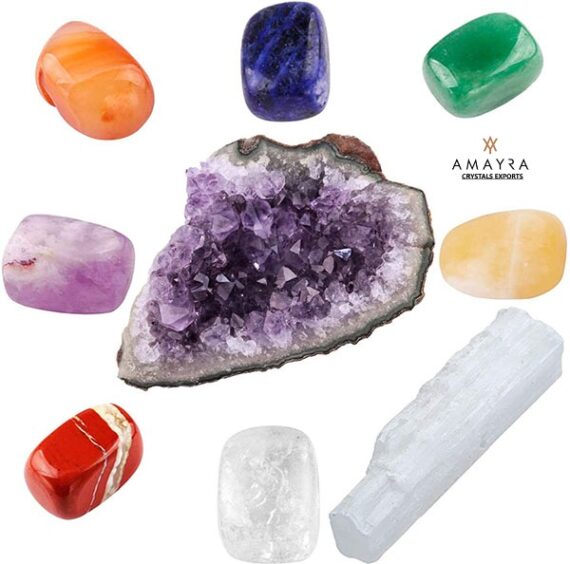 7 Chakra Healing Tumbled stone with Amethyst Cluster and Selenite Stick