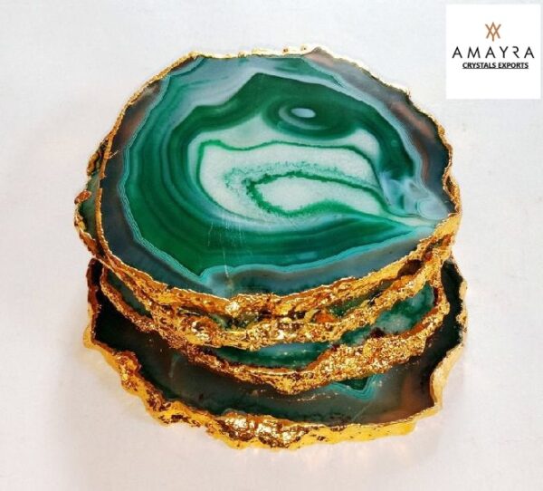 Green Color  Agate Slice Coasters with Golden plated - Image 2