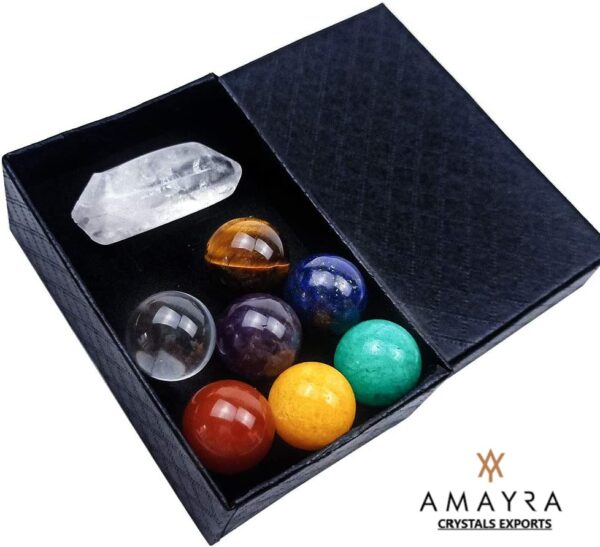 7 Chakra Gemstone Sphere Sets with Clear Quartz - Image 4