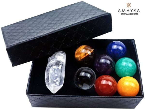 7 Chakra Gemstone Sphere Sets with Clear Quartz - Image 3