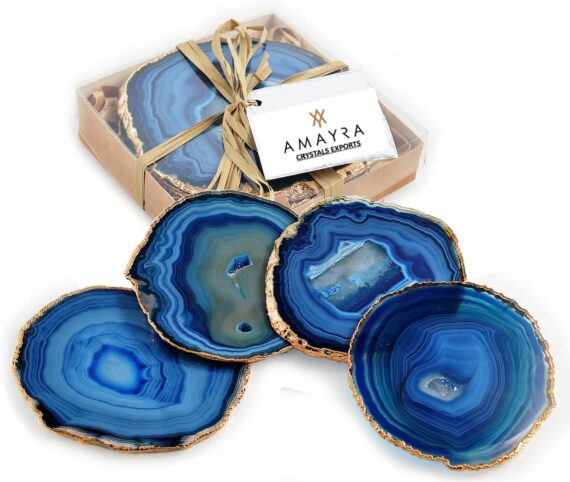 Blue Color  Agate Slice Coasters with Golden plated