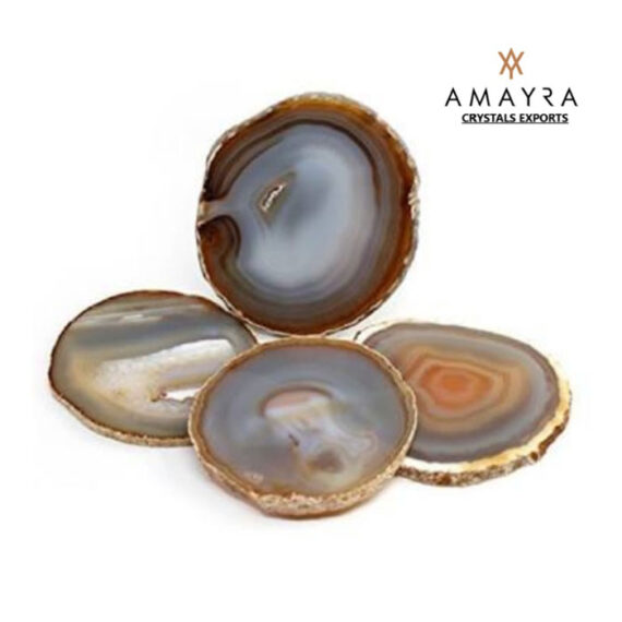 Brown Color  Agate Slice Coasters with Golden plated