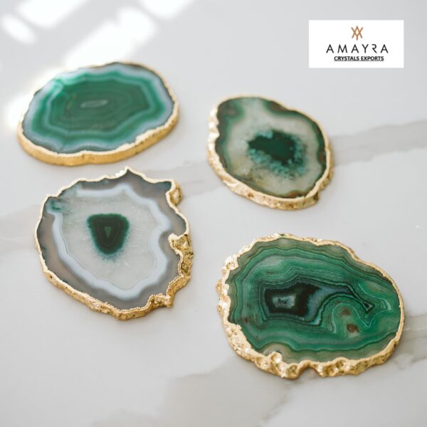 Green Color  Agate Slice Coasters with Golden plated - Image 3