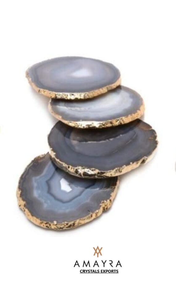 Grey Agate Slice Coasters with Golden plated
