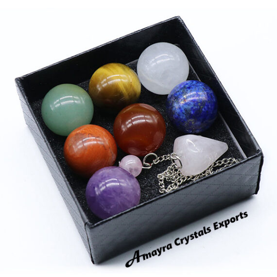 7 Chakra Gemstone Sphere Sets with Rose Quartz Pendulum