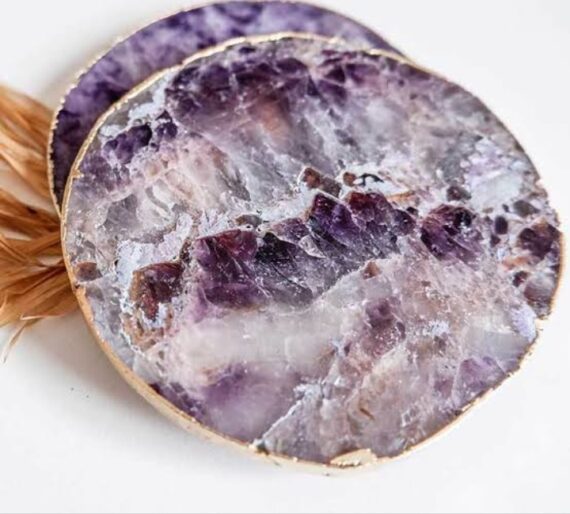 Amethyst Natural Round  Agate Slice Coasters with Golden plated