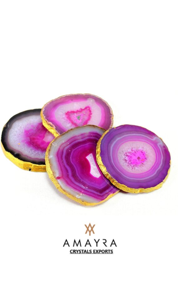 Pink Color  Agate Slice Coasters with Golden plated