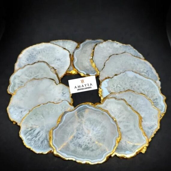 Natural White Agate Slice Coasters with Golden plated