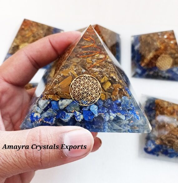 Orgone Lapis Lazuli Tiger Eye Flower Of Life Pyramid With Charge Crystal Point