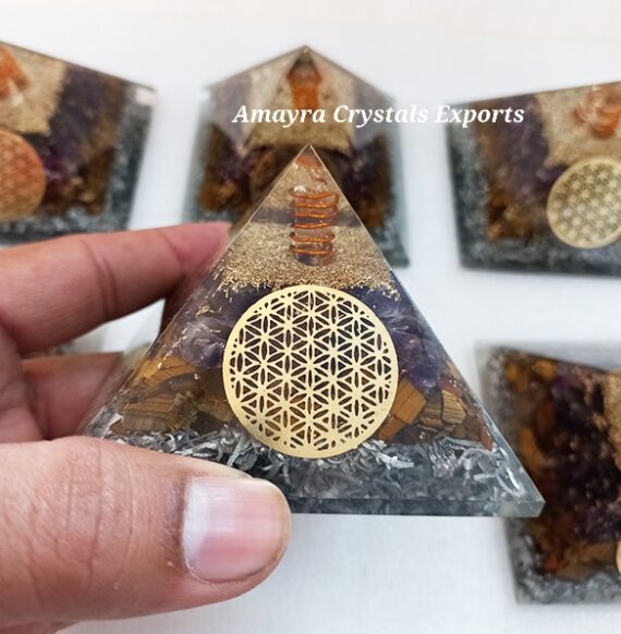 Orgone Amethyst Tiger Eye Flower Of Life Pyramid With Charge Crystal Point