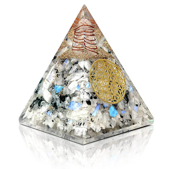 Orgone Rainbow Moonstone Flower Of Life Nubian Pyramid With Copper Wrapped Charge Crystal Point