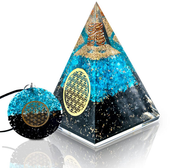 Orgone Turquoise Black Tourmaline Flower Of Life Nubian Pyramid With Copper Wrapped Charge Crystal Point With Pendant