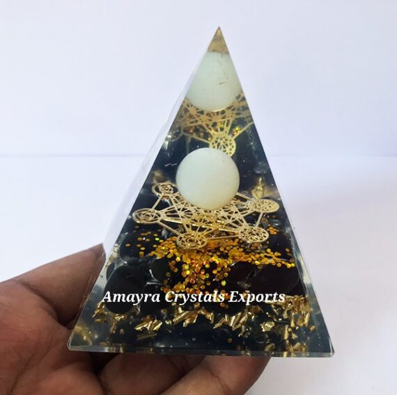 Orgone Black Obsidian Metatron Nubian Pyramid With White Agate Sphere
