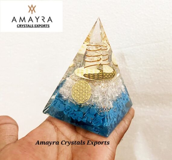 Orgone Turquoise Crystal Quartz Flower Of Life Nubian Pyramid With Copper Wrapped Charge Crystal Point