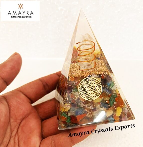 Orgone Mixed Gemstone Flower Of Life Nubian Pyramid With Copper Wrapped Charge Crystal Point
