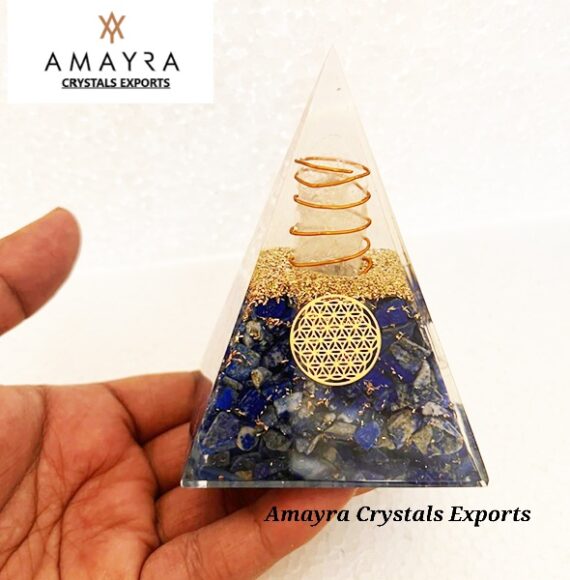 Orgone Lapis Lazuli Flower Of Life Nubian Pyramid With Copper Wrapped Charge Crystal Point