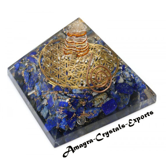 Orgone Lapis Lazuli Flower Of Life Pyramid With Copper Wrapped Charge Crystal Point
