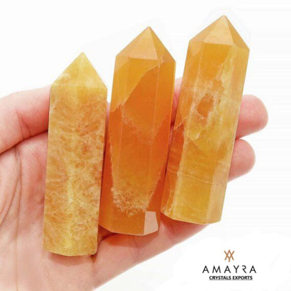 Gemstone Orange Calcite Obelisk Six Side Faceted  Massager Wands