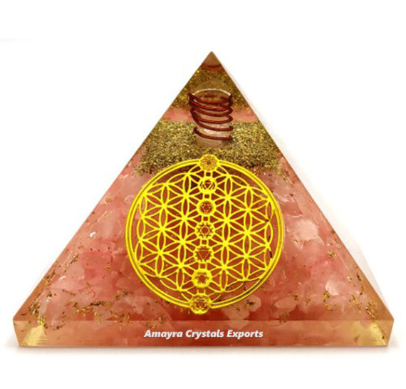 Orgone Rose Quartz Flower Of Life Pyramid With Charge Crystal Point