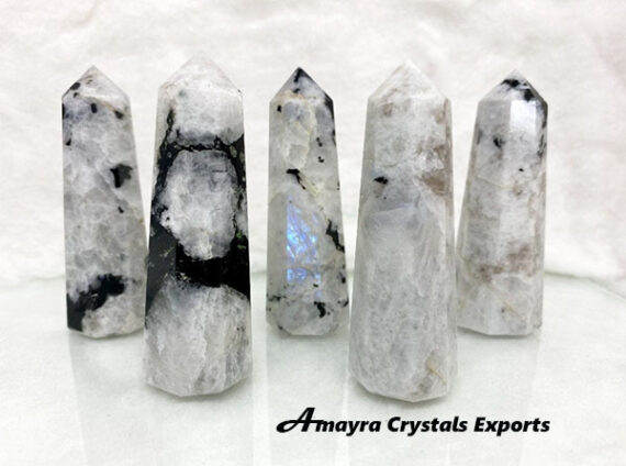 Gemstone Rainbow Moonstone Obelisk Six Side Faceted  Massager Wands
