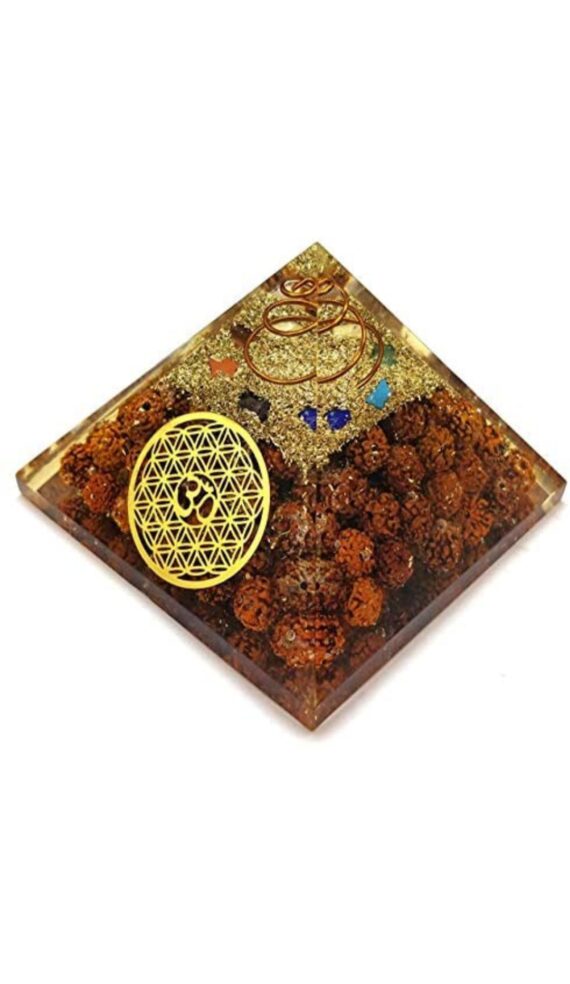 Orgone Rudraksh Flower Of Life Ohm Pyramid With Copper Wrapped Charge Crystal Point