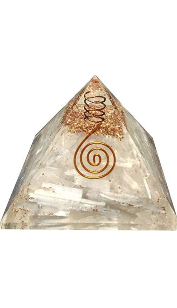 Orgone Selenite Reiki Pyramid With Copper Wrapped Charge Crystal Point