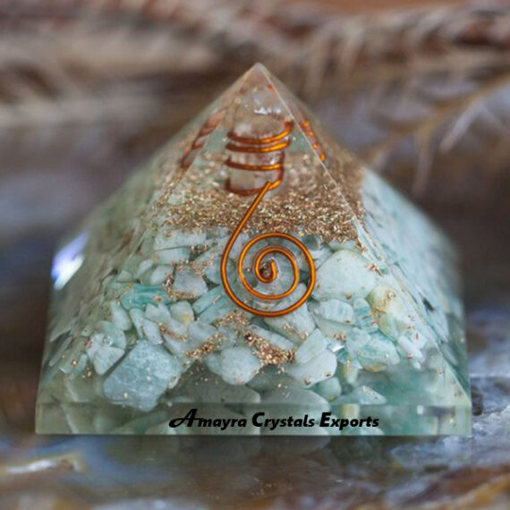 Orgone Amazonite Reiki Pyramid With Copper Wrapped Charge Crystal Point