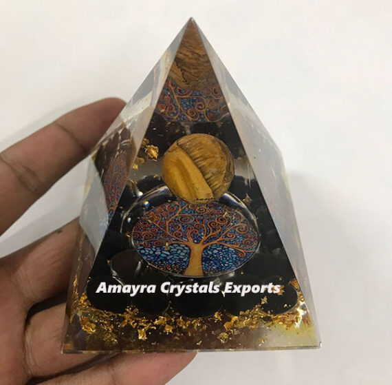 Orgone Black Obsidian Tree Of Life Pyramid With Tiger Eye Sphere