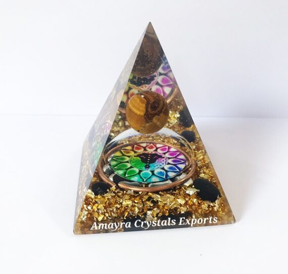 Orgone Black Obsidian Chips Flower Of Life Pyramid With Tiger Eye Sphere