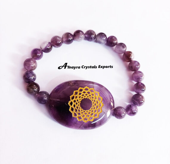 Amethyst Crown Chakra Engraved Elastic Beads Bracelet