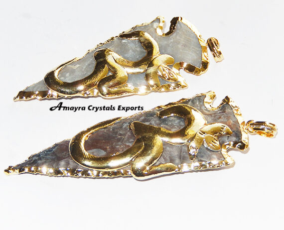Ohm Embossed Electroplated Fancy Jasper Arrowhead Pendant