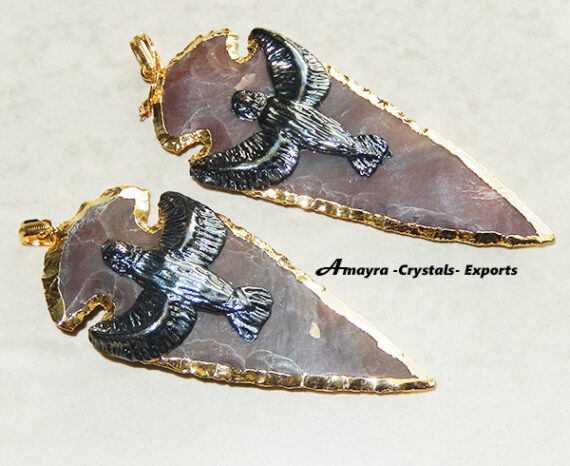 Eagle Embossed Electroplated Fancy Jasper Arrowhead Pendant