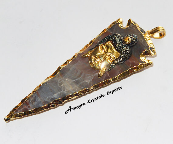 Buddha Embossed Electroplated Fancy Jasper Arrowhead Pendant