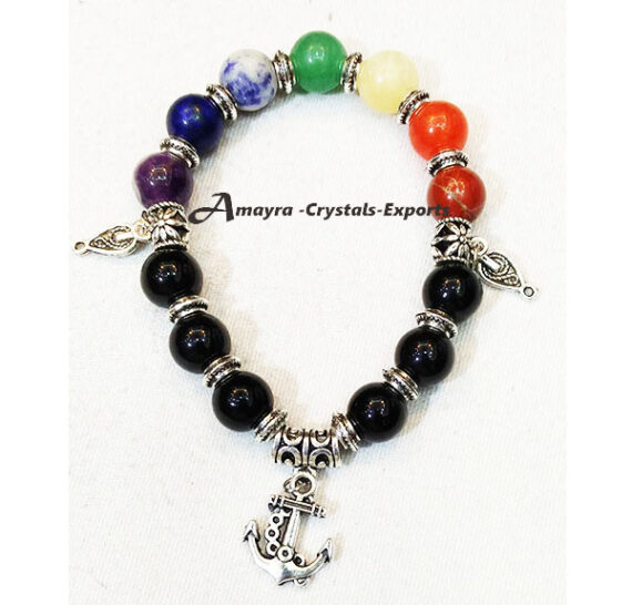 Black Obsidian Chakra Elastic Beads Bracelet With Arrow Charm