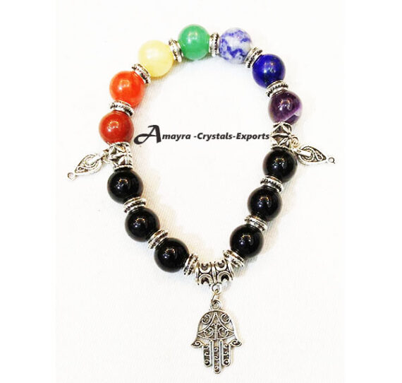 Black Obsidian Chakra Elastic Beads Bracelet With Hamsa Hand Charm