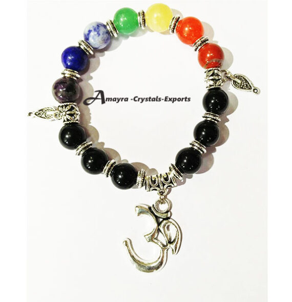 Black Obsidian Chakra Elastic Beads Bracelet With Ohm Charm