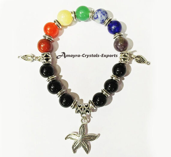 Black Obsidian Chakra Elastic Beads Bracelet With Flower  Charm
