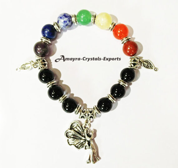 Black Obsidian Chakra Elastic Beads Bracelet With Angel Charm