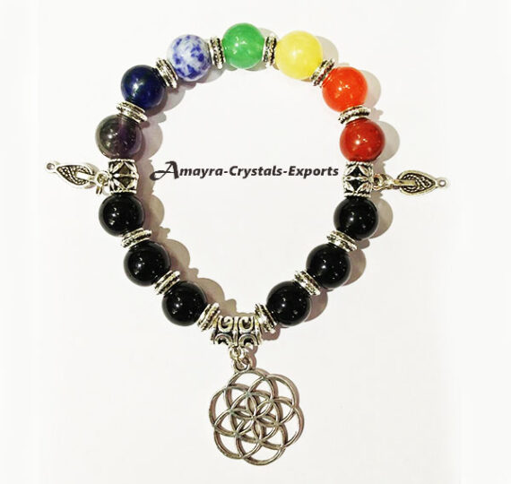 Black Obsidian Chakra Elastic Beads Bracelet With Flower of life Charm