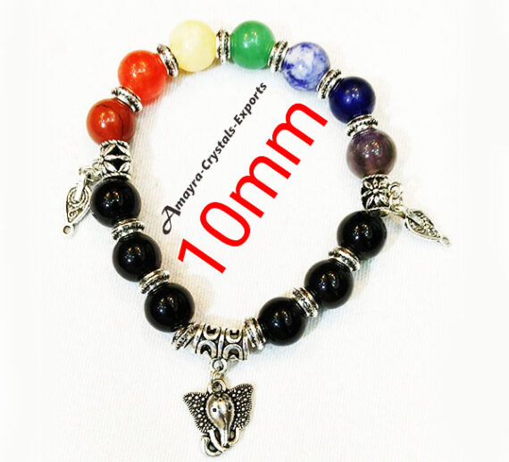 Black Obsidian Chakra Elastic Beads Bracelet With Ganesh Charm