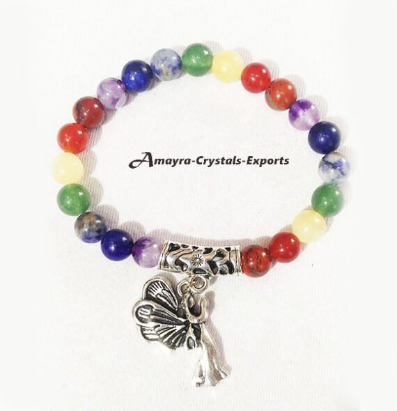Chakra Elastic Beads Bracelet With Angel Charm