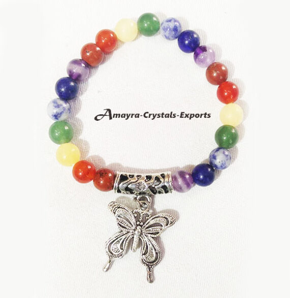 Chakra Elastic Beads Bracelet With Butterfly Charm