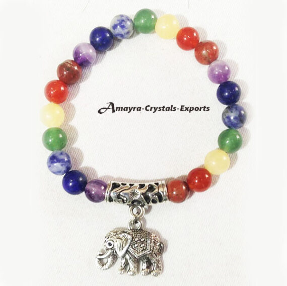 Chakra Elastic Beads Bracelet With Elephant Charm