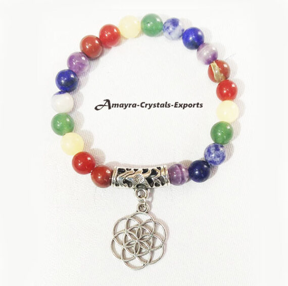 Chakra Elastic Beads Bracelet With Flower Of Life Charm