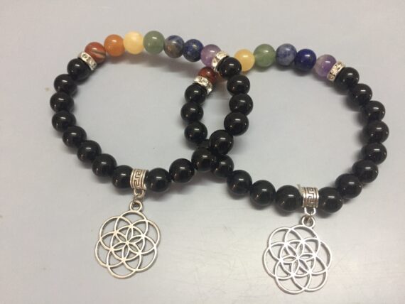 Black Lava Chakra Flower Of Life Elastic Beads Bracelet