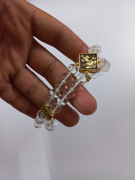 Crystal Quartz Double Line Ganesh Elastic Beads Bracelet