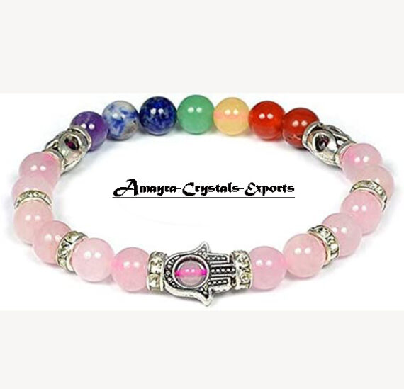 Rose Quartz Chakra Hamsa Hand Elastic Beads Bracelet